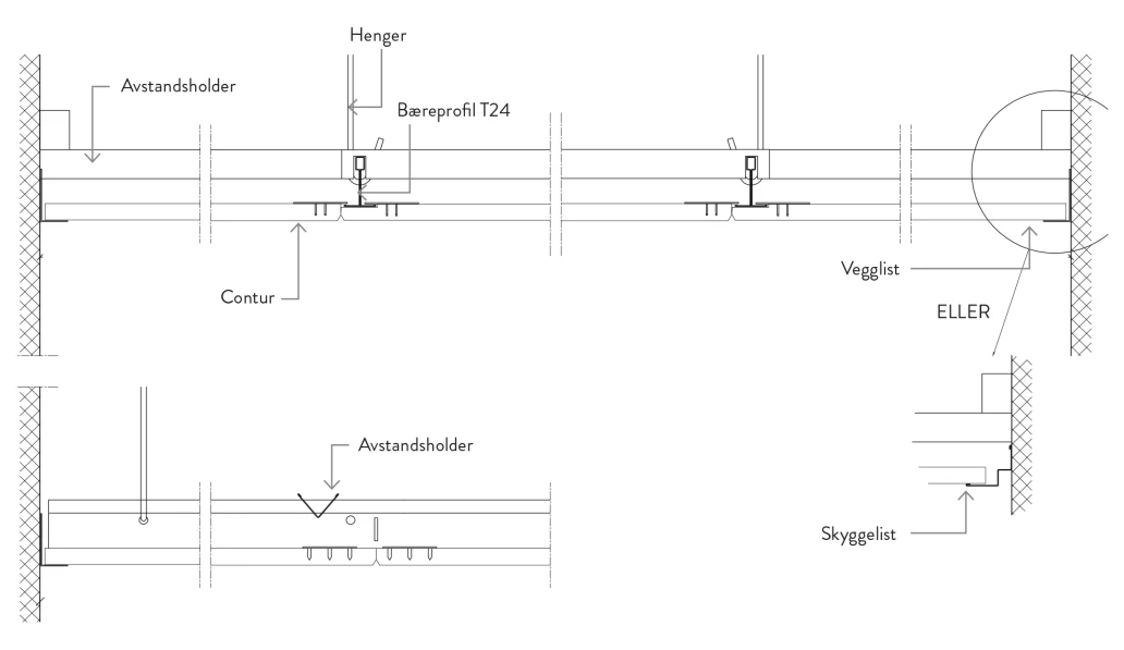 Montering Contur i skinnesystem S24 direkte til vegg